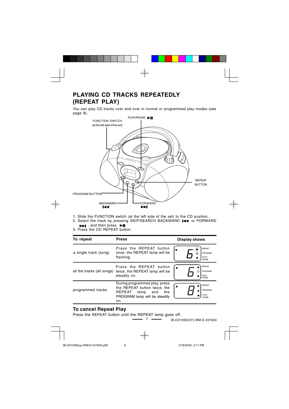 Playing cd tracks repeatedly (repeat play) | Lenoxx Electronics CD-1095 User Manual | Page 8 / 16