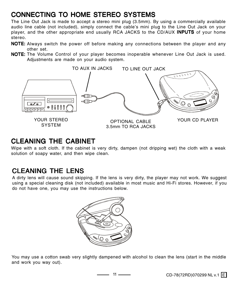Connecting to home stereo systems, Cleaning the cabinet, Cleaning the lens | Lenoxx Electronics CD-78 User Manual | Page 12 / 20