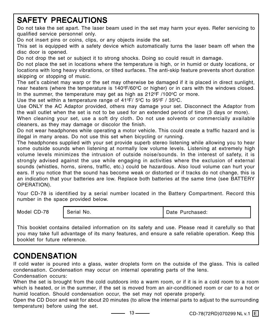 Safety precautions, Condensa, Condensa condensation tion tion tion tion | Lenoxx Electronics CD-78 User Manual | Page 14 / 20
