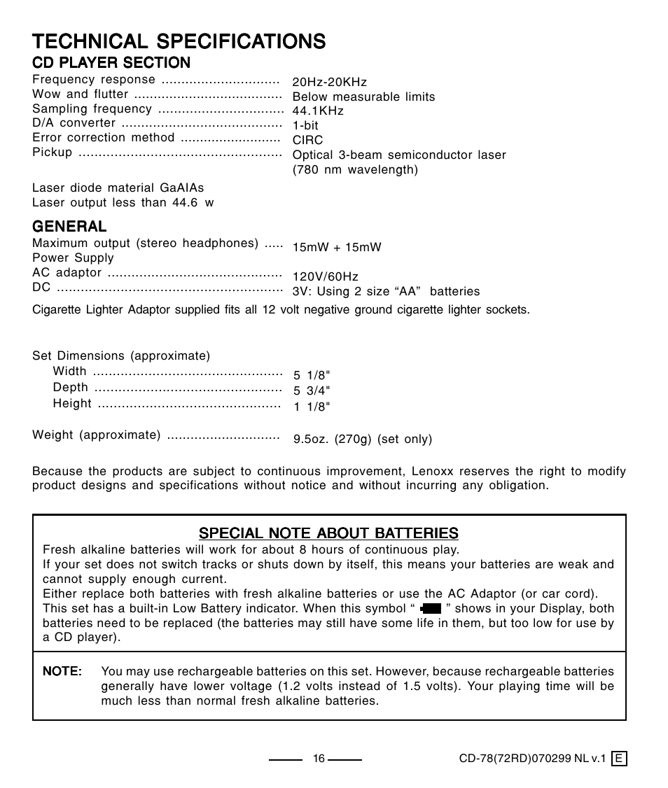 Technical | Lenoxx Electronics CD-78 User Manual | Page 17 / 20