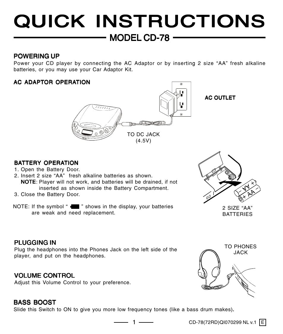 Quick instructions, Model cd-78 | Lenoxx Electronics CD-78 User Manual | Page 19 / 20