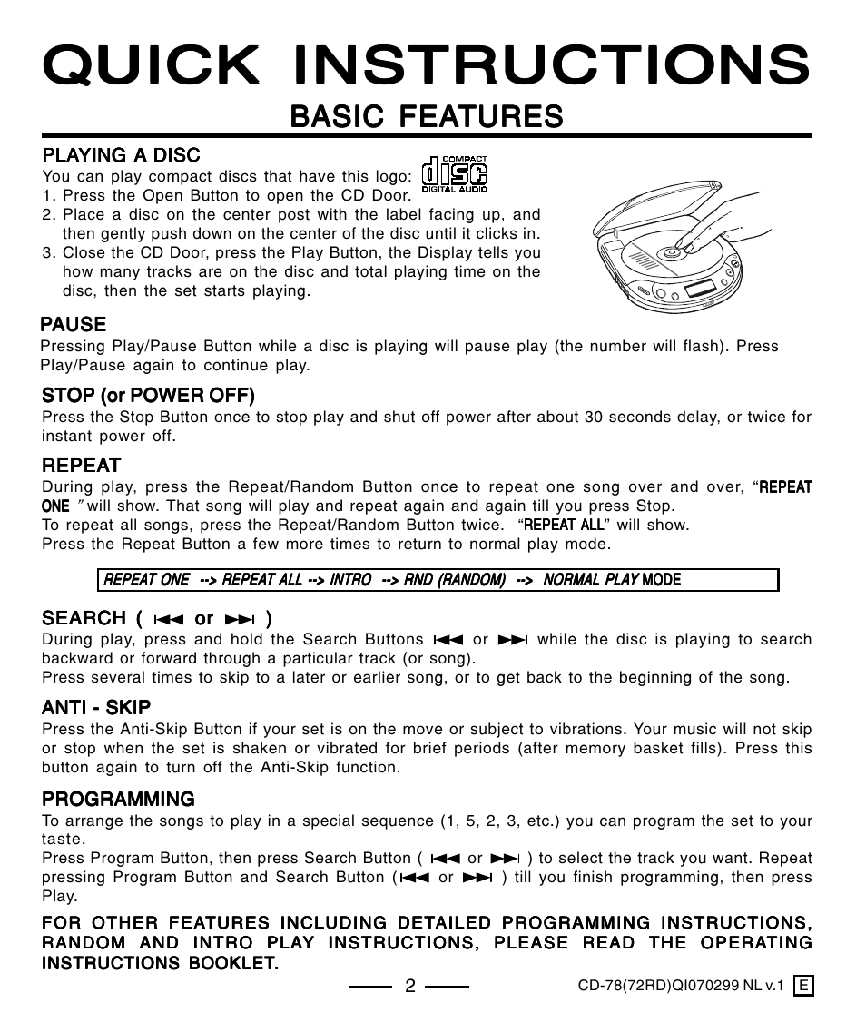 Quick instructions, Basic fea, Basic fea basic features tures tures tures tures | Lenoxx Electronics CD-78 User Manual | Page 20 / 20