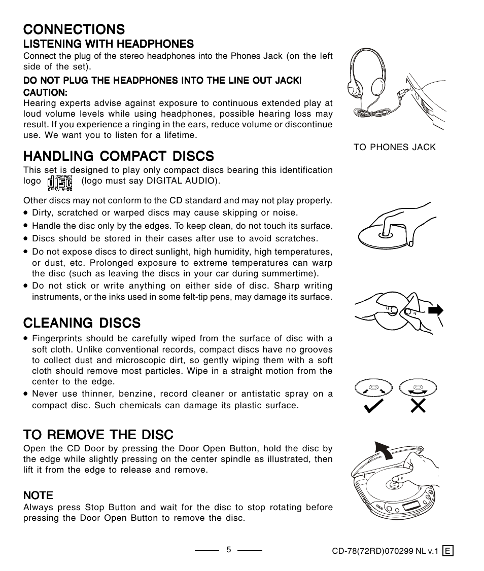 Connections, Handling comp, Cleaning discs | Lenoxx Electronics CD-78 User Manual | Page 6 / 20