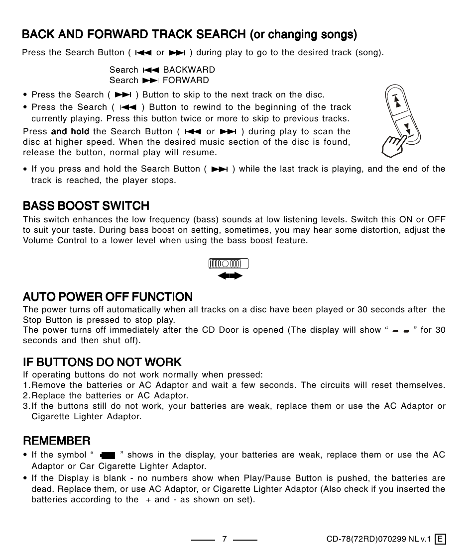 Back and for, Bass boost switch, Auto power off function | If buttons do not work, Remember | Lenoxx Electronics CD-78 User Manual | Page 8 / 20