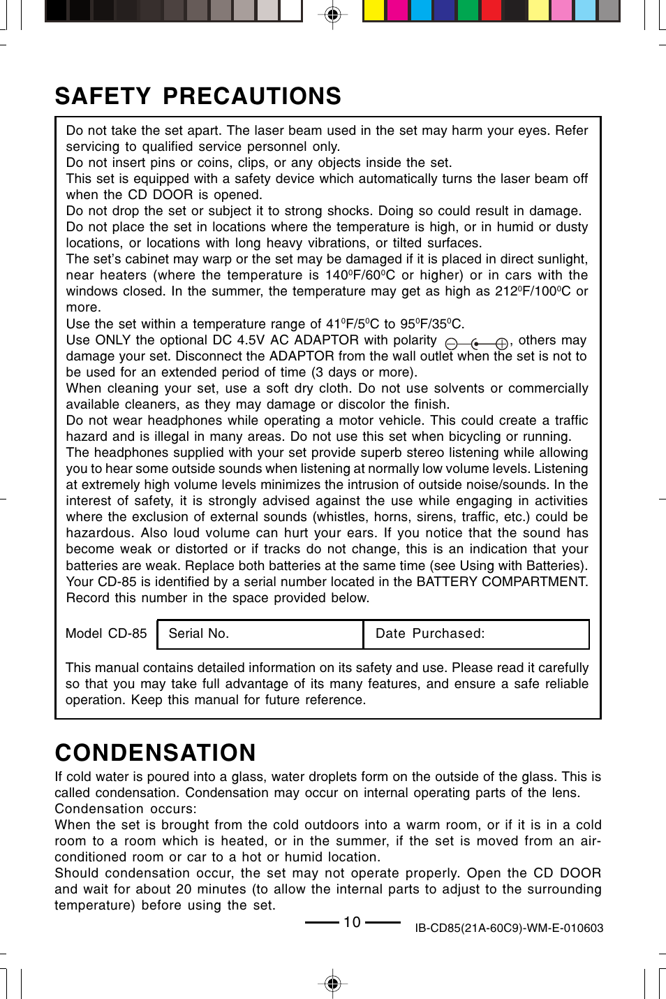Safety precautions, Condensation | Lenoxx Electronics CD85 User Manual | Page 11 / 15