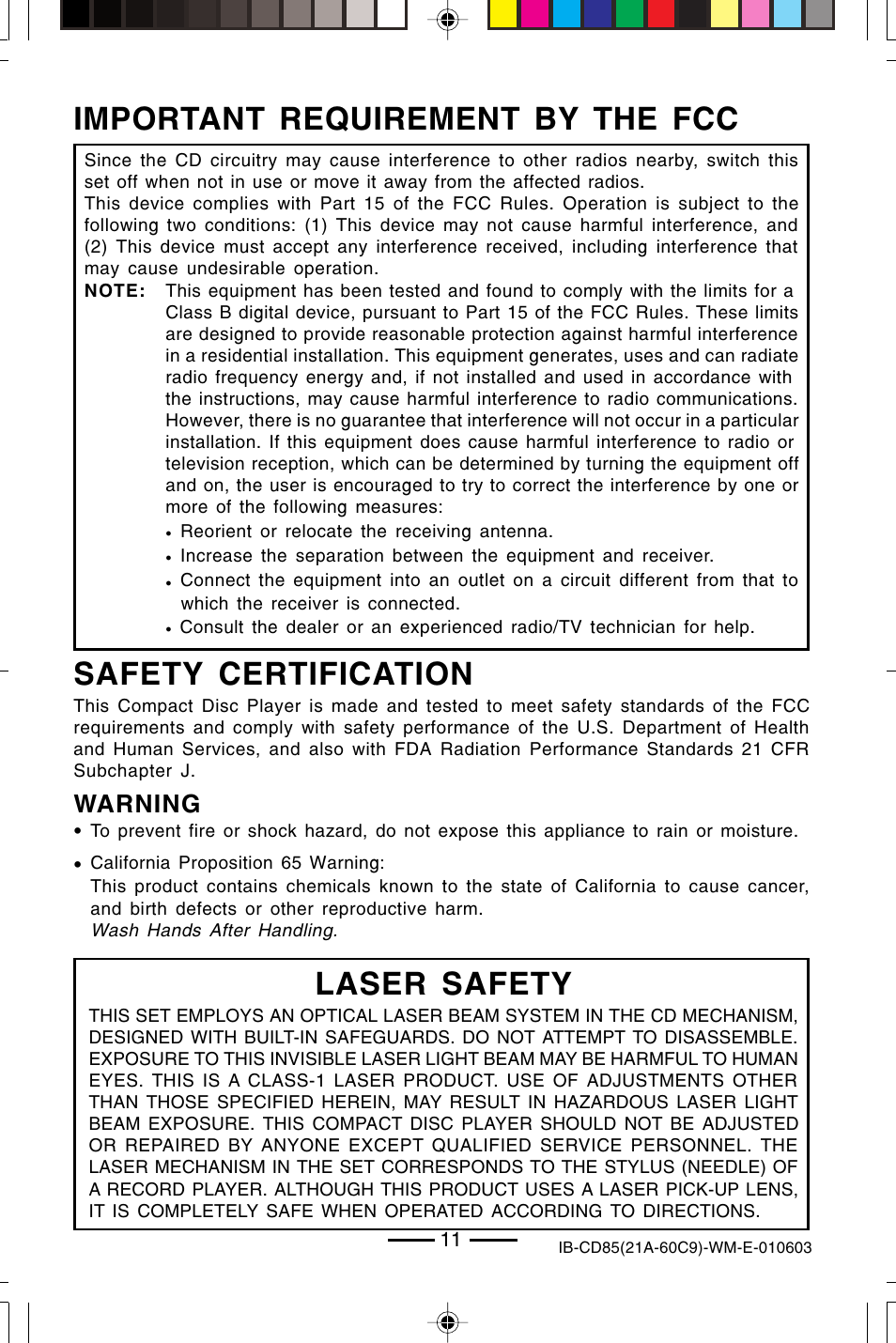 Safety certification, Important requirement by the fcc, Laser safety | Warning | Lenoxx Electronics CD85 User Manual | Page 12 / 15