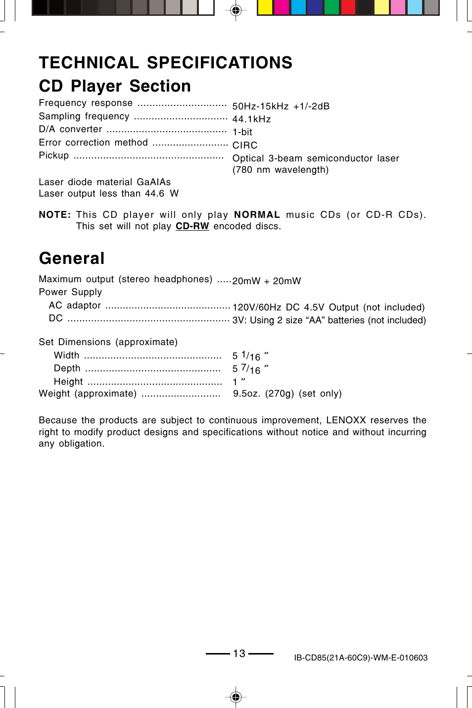 General | Lenoxx Electronics CD85 User Manual | Page 14 / 15