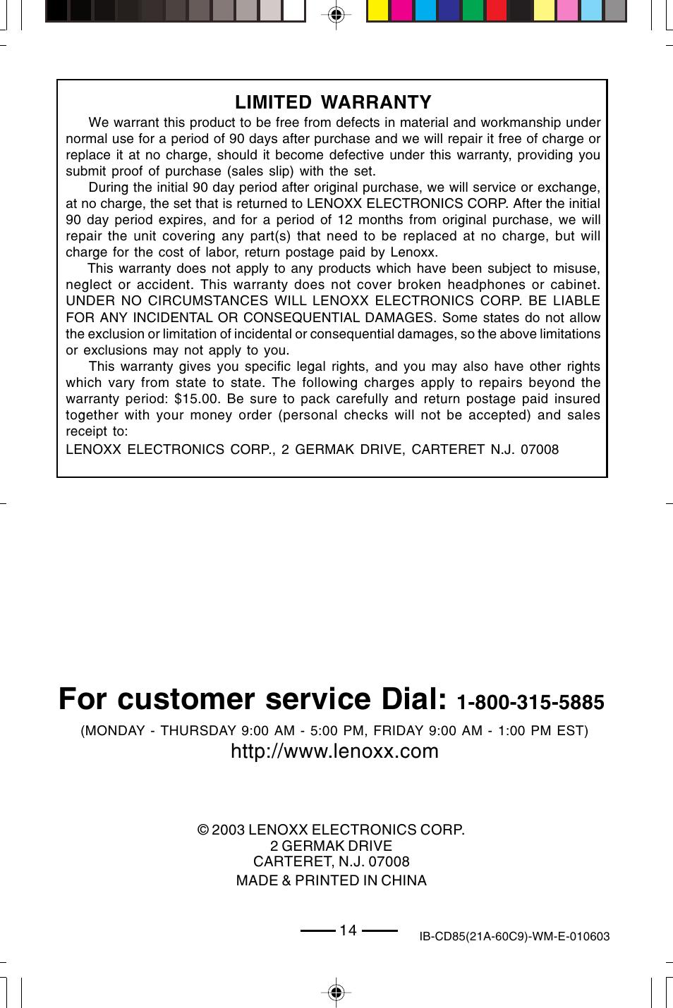 For customer service dial, Limited warranty | Lenoxx Electronics CD85 User Manual | Page 15 / 15