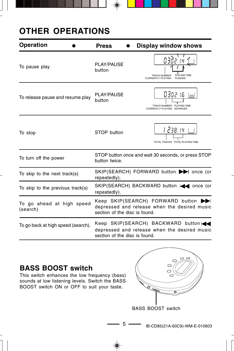 Other operations, Bass boost switch, Operation press display window shows | Lenoxx Electronics CD85 User Manual | Page 6 / 15