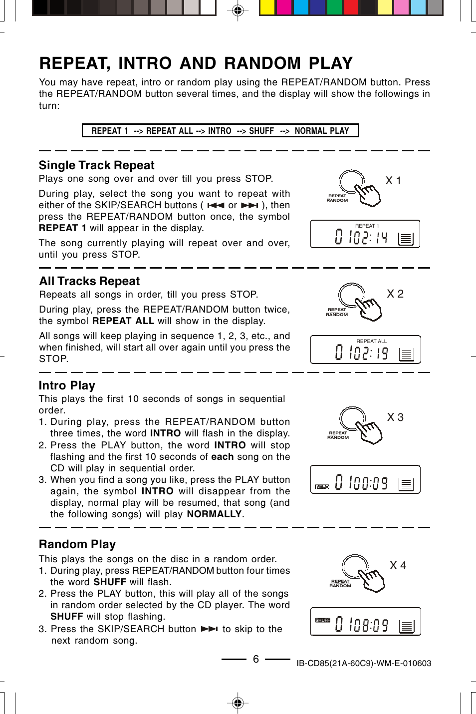 Repeat, intro and random play, Single track repeat, All tracks repeat | Intro play, Random play | Lenoxx Electronics CD85 User Manual | Page 7 / 15
