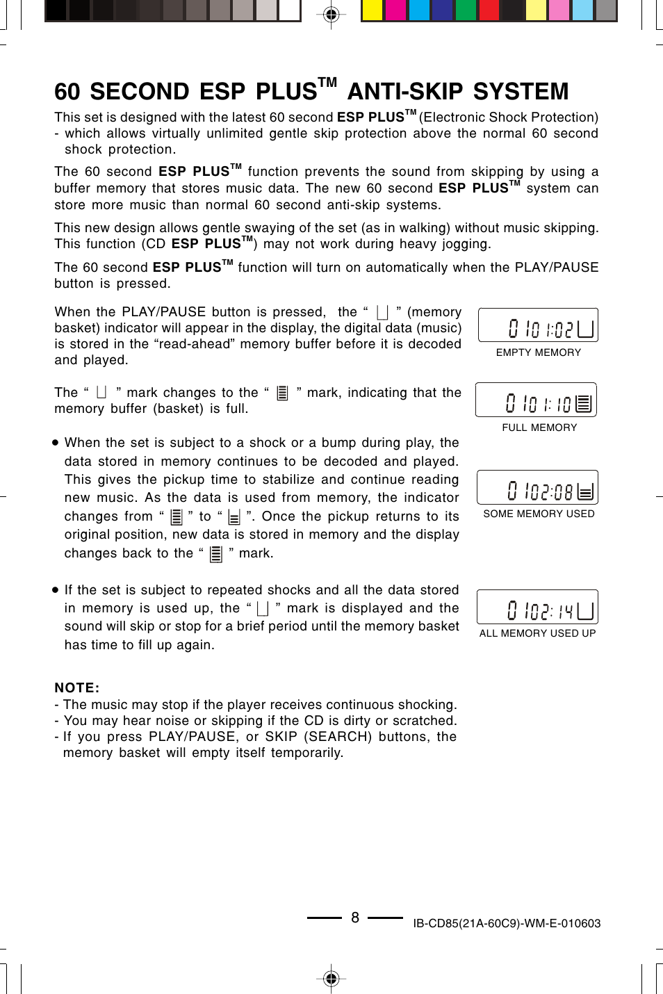 60 second esp plus, Anti-skip system | Lenoxx Electronics CD85 User Manual | Page 9 / 15