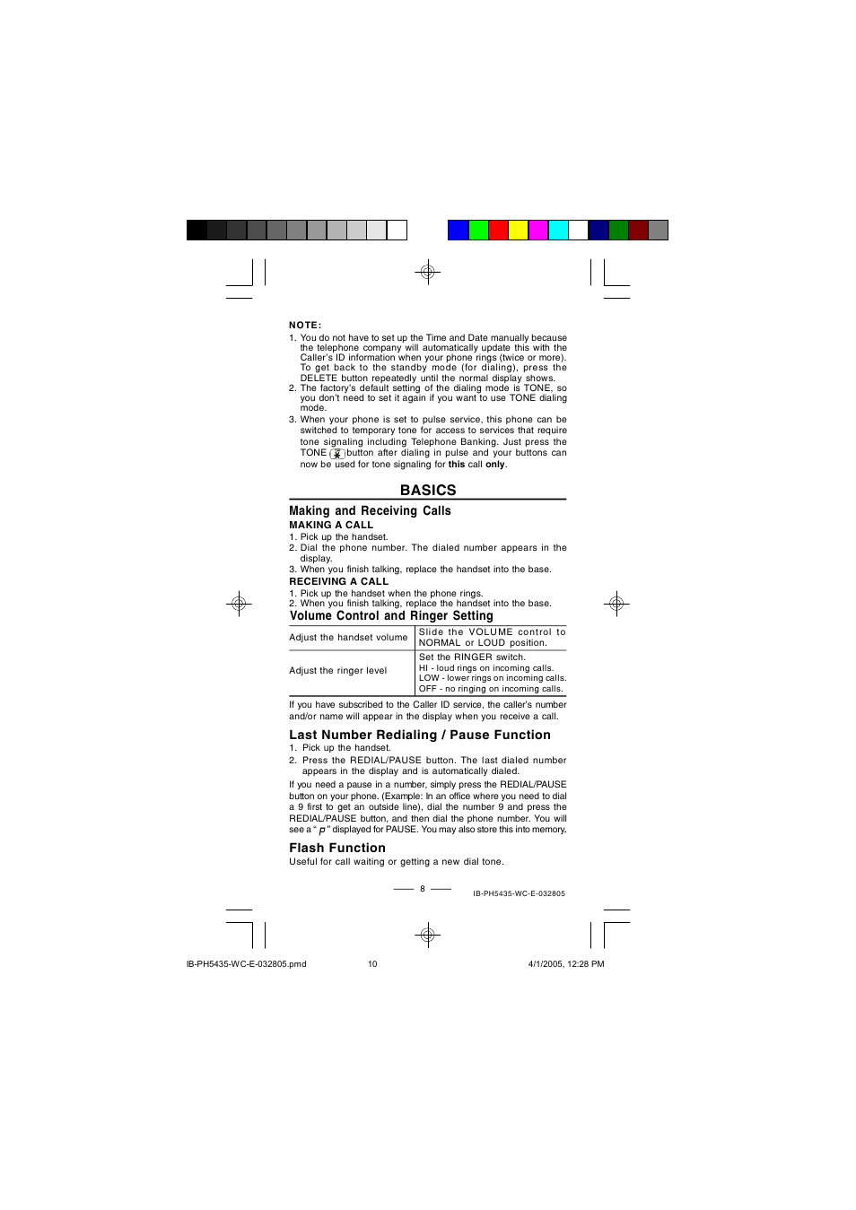 Basics, Making and receiving calls, Volume control and ringer setting flash function | Last number redialing / pause function | Lenoxx Electronics PH5435 User Manual | Page 10 / 18