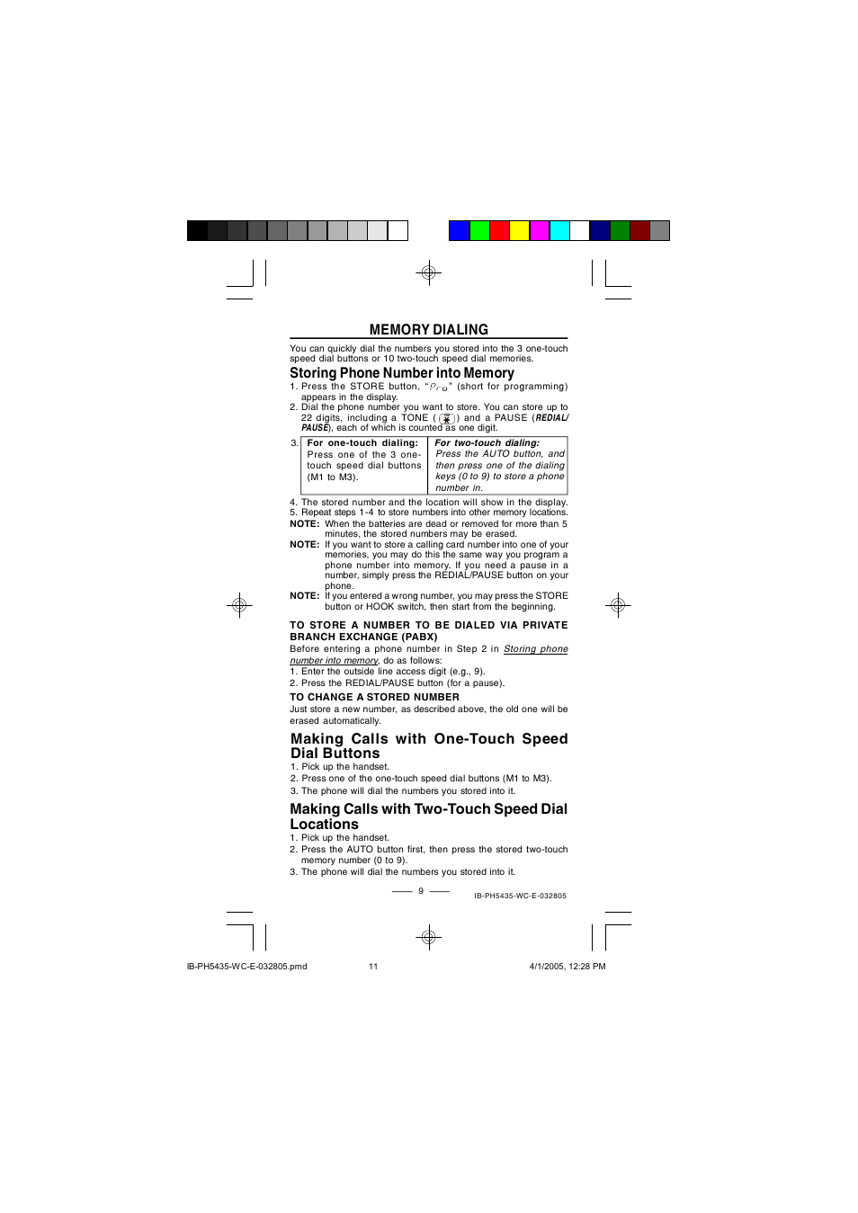 Making calls with one-touch speed dial buttons, Making calls with two-touch speed dial locations | Lenoxx Electronics PH5435 User Manual | Page 11 / 18