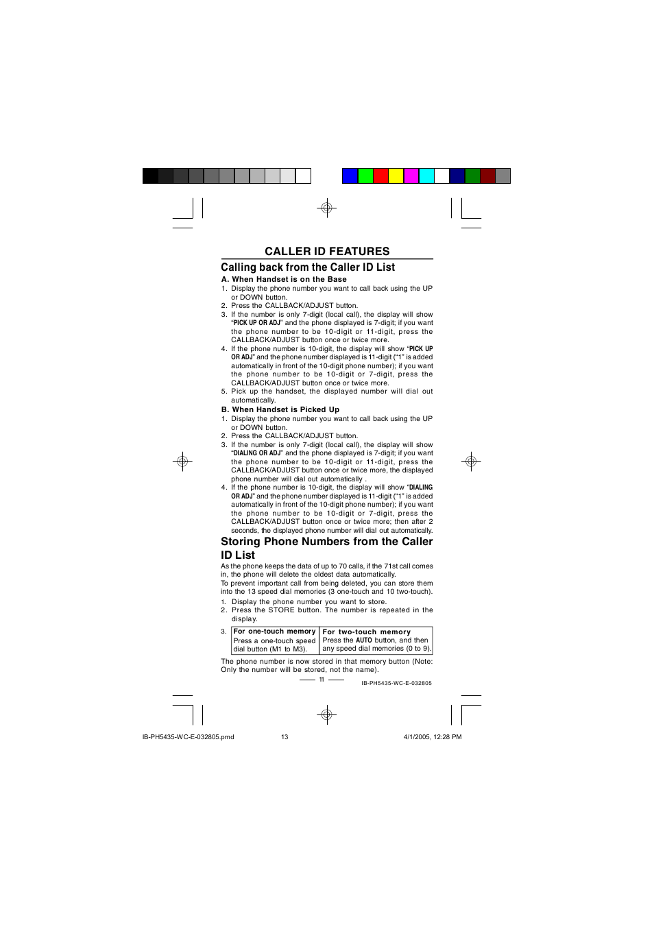 Storing phone numbers from the caller id list | Lenoxx Electronics PH5435 User Manual | Page 13 / 18