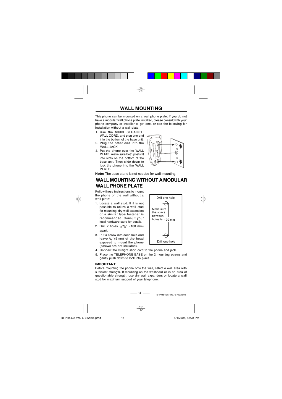Wall mounting, Wall mounting without a modular wall phone plate | Lenoxx Electronics PH5435 User Manual | Page 15 / 18