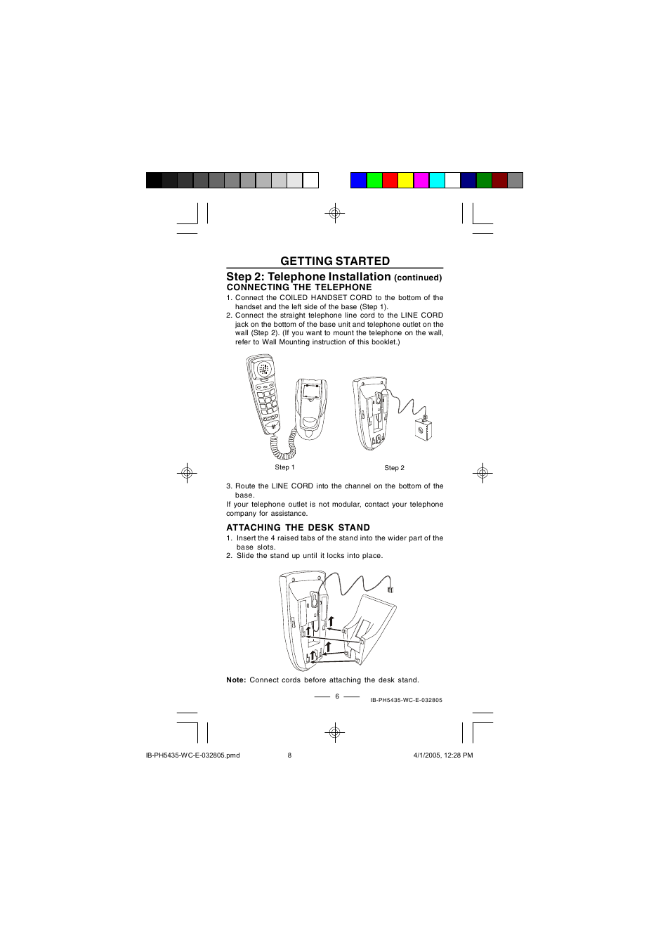 Getting started, Step 2: telephone installation | Lenoxx Electronics PH5435 User Manual | Page 8 / 18