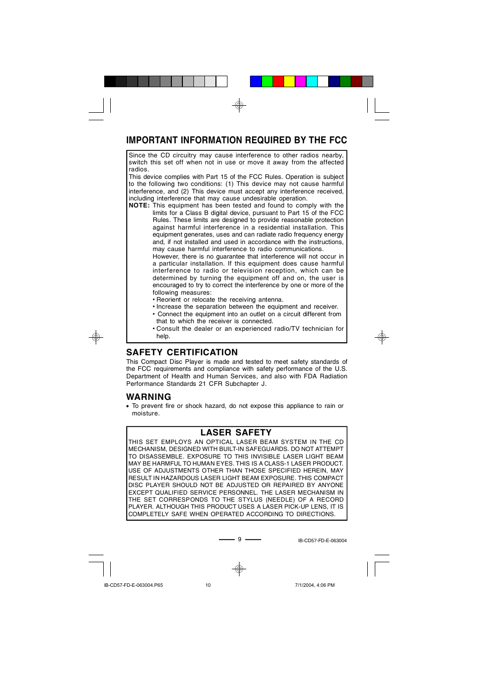 Important information required by the fcc, Safety certification, Warning | Laser safety | Lenoxx Electronics CD-57 User Manual | Page 10 / 13