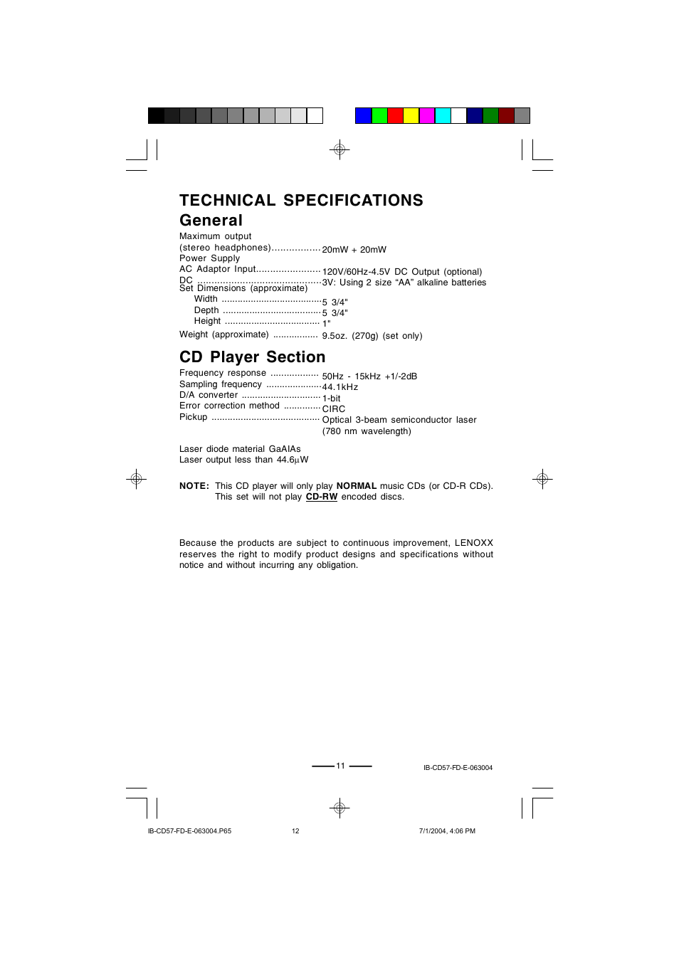 General | Lenoxx Electronics CD-57 User Manual | Page 12 / 13