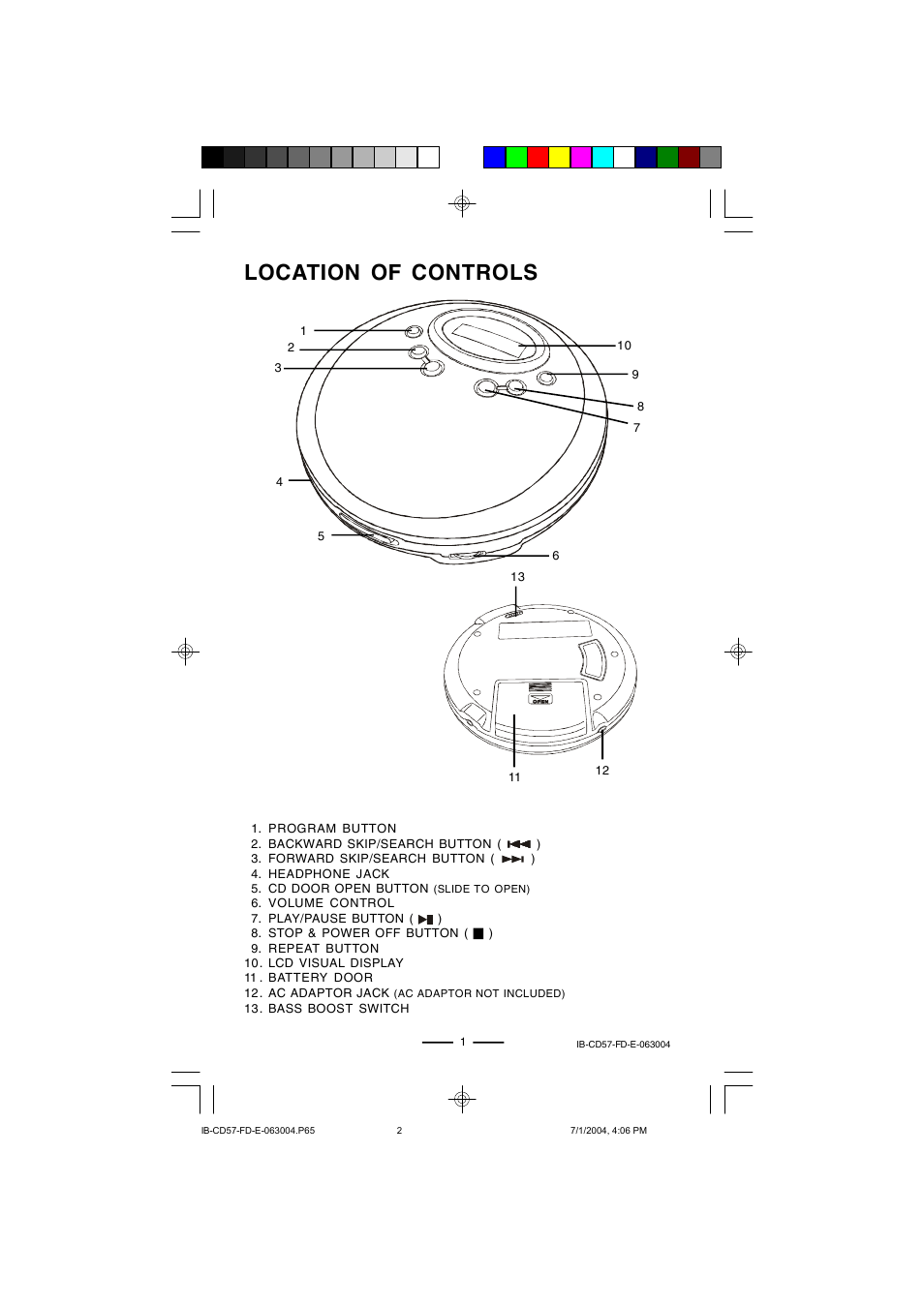 Location of controls | Lenoxx Electronics CD-57 User Manual | Page 2 / 13