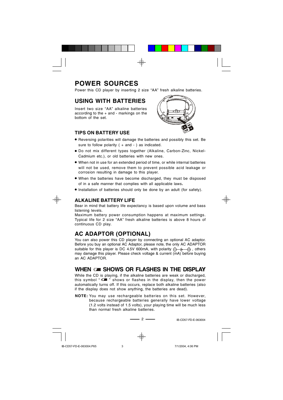 Power sources, When shows or flashes in the displayy, Using with batteries ac adaptor (optional) | Lenoxx Electronics CD-57 User Manual | Page 3 / 13