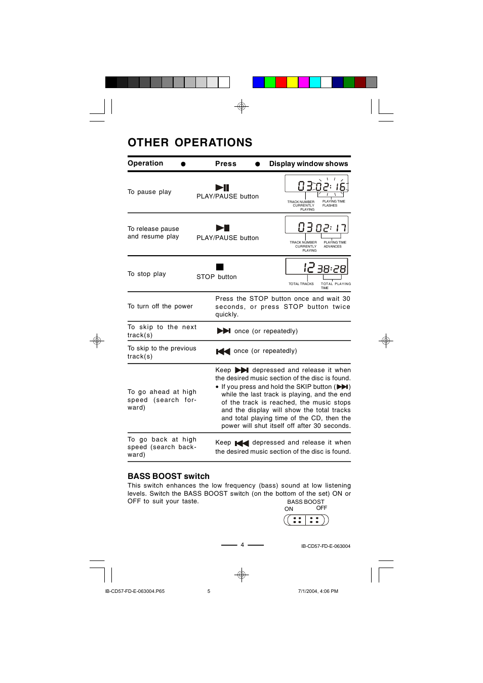 Other operations, Bass boost switch | Lenoxx Electronics CD-57 User Manual | Page 5 / 13