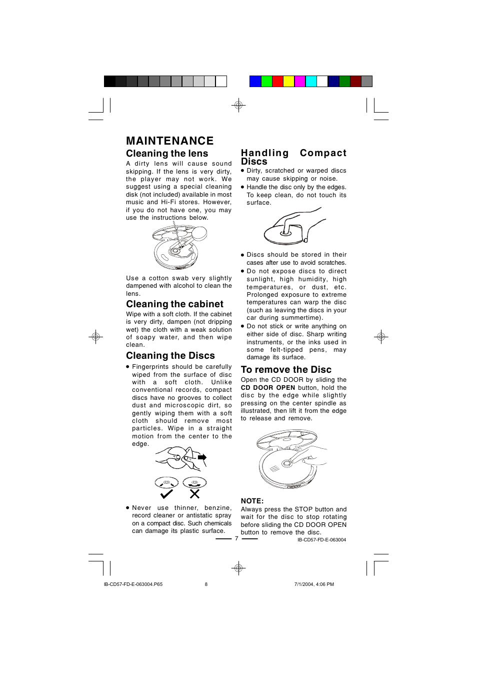 Maintenance, Cleaning the cabinet, Cleaning the lens | Cleaning the discs, Handling compact discs | Lenoxx Electronics CD-57 User Manual | Page 8 / 13