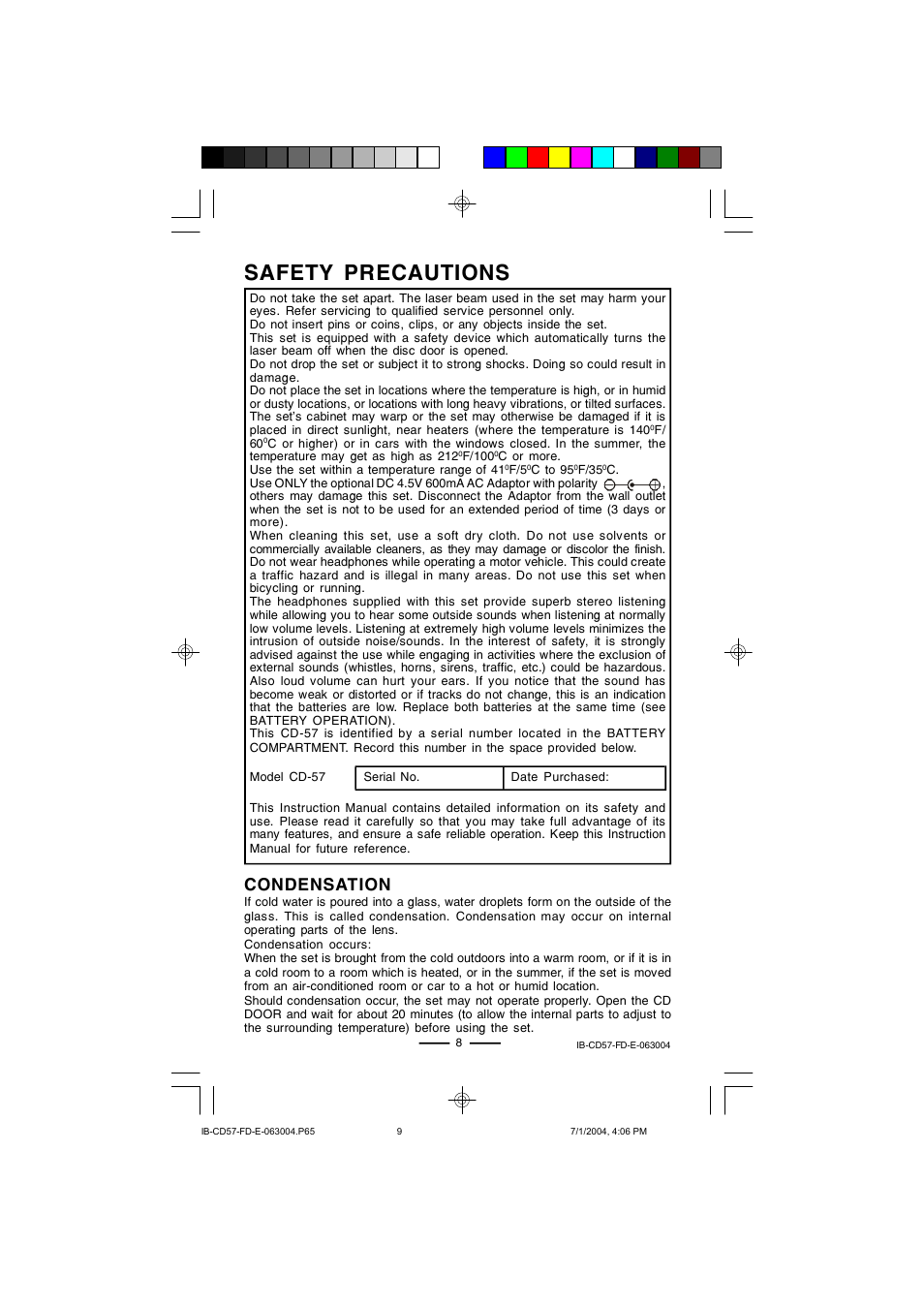 Safety precautions, Condensation | Lenoxx Electronics CD-57 User Manual | Page 9 / 13