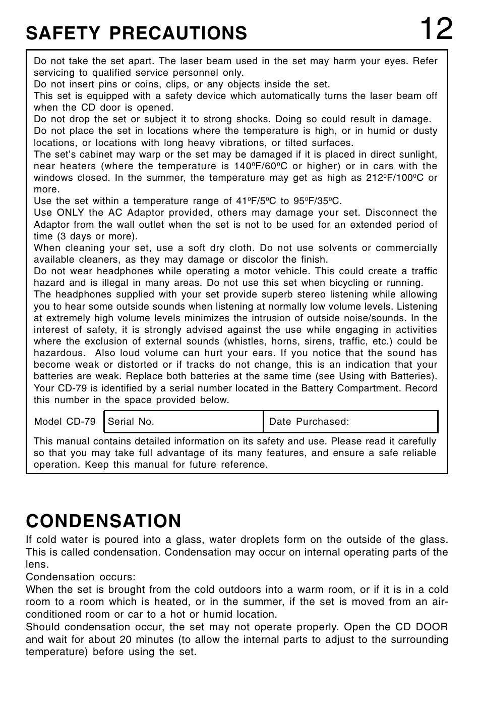 Condensation, Safety precautions | Lenoxx Electronics CD-79 User Manual | Page 13 / 16