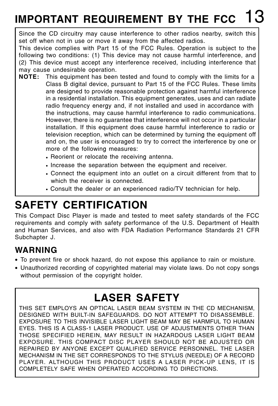 Safety certification, Laser safety, Important requirement by the fcc | Warning | Lenoxx Electronics CD-79 User Manual | Page 14 / 16