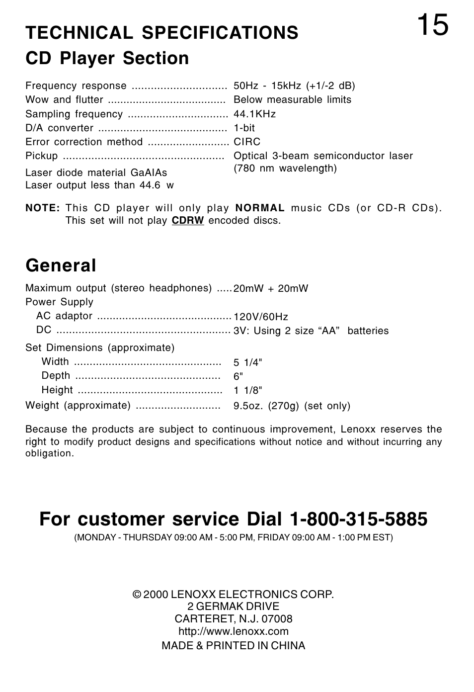 General | Lenoxx Electronics CD-79 User Manual | Page 16 / 16