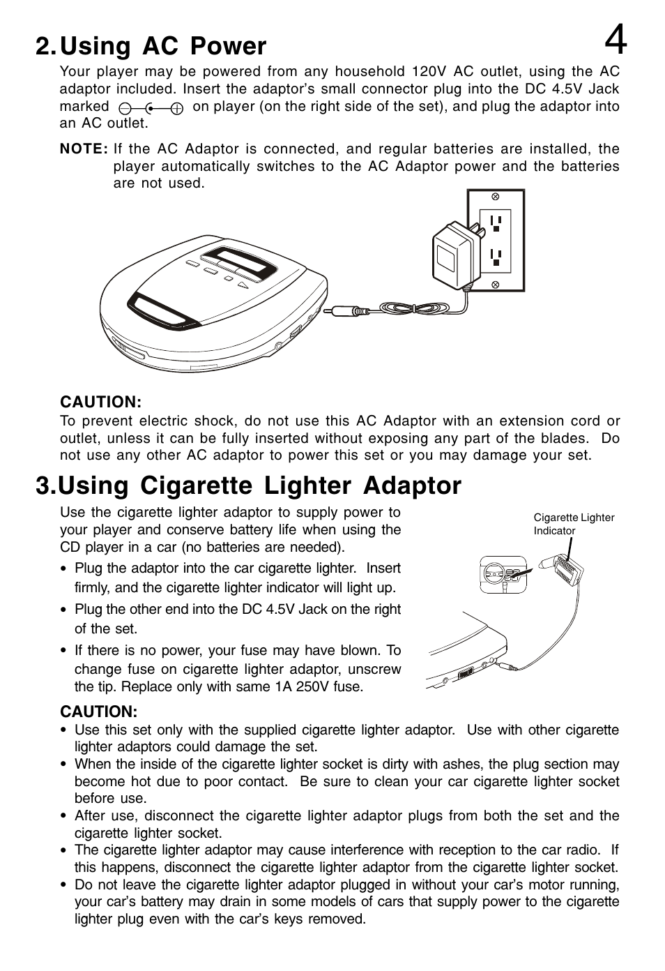 Using ac power, Using cigarette lighter adaptor | Lenoxx Electronics CD-79 User Manual | Page 5 / 16