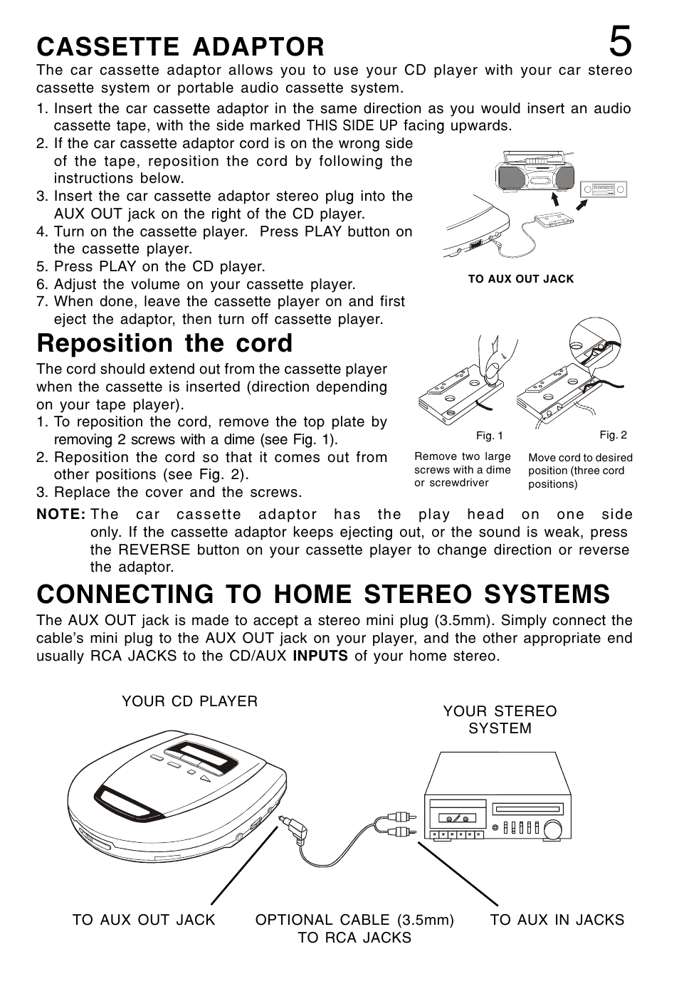 Connecting to home stereo systems, Reposition the cord, Cassette adaptor | Lenoxx Electronics CD-79 User Manual | Page 6 / 16