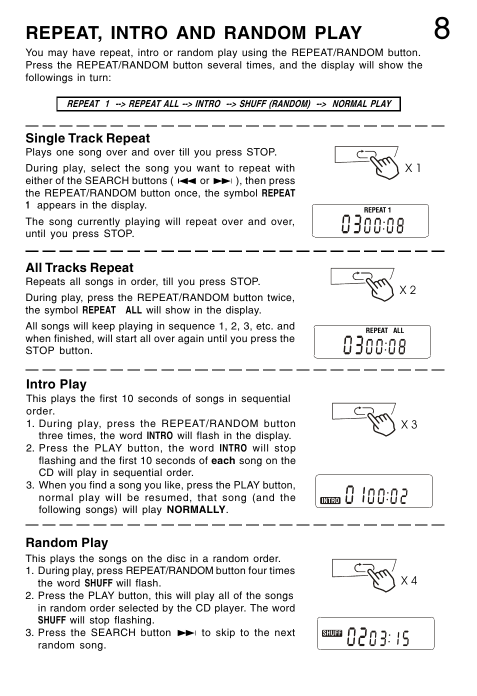 Repeat, intro and random play, Single track repeat, All tracks repeat | Intro play, Random play | Lenoxx Electronics CD-79 User Manual | Page 9 / 16