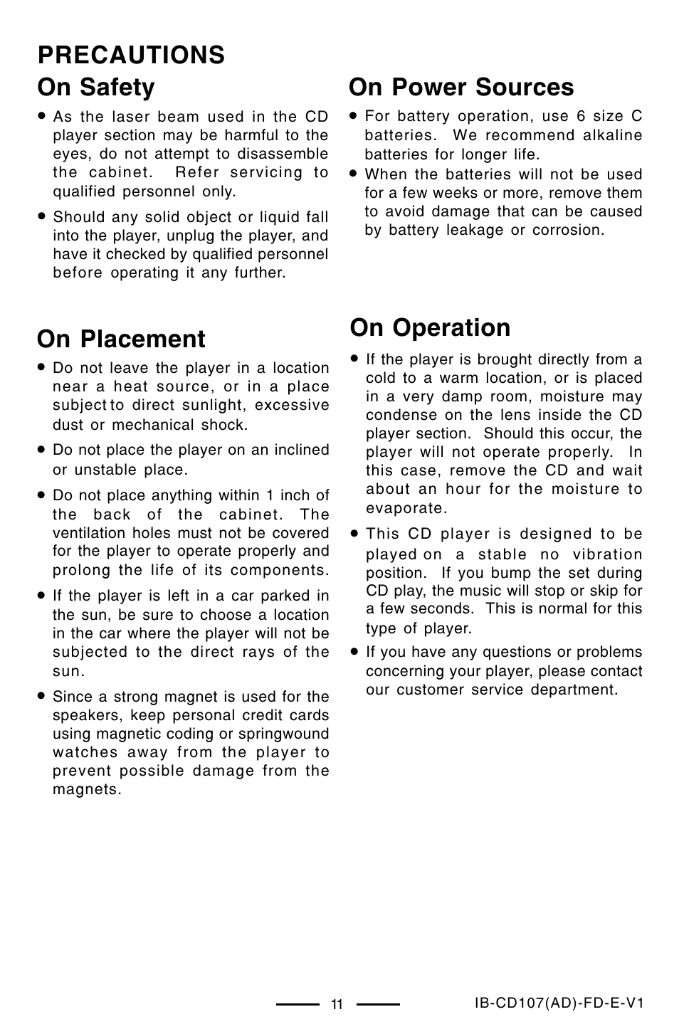 Precautions on safety, On power sources, On operation | On placement | Lenoxx Electronics CD-107 User Manual | Page 12 / 15