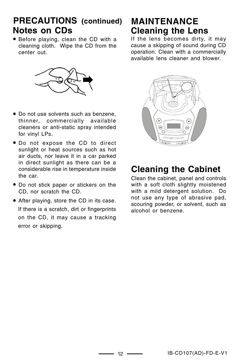 Precautions, Maintenance cleaning the lens cleaning the cabinet | Lenoxx Electronics CD-107 User Manual | Page 13 / 15