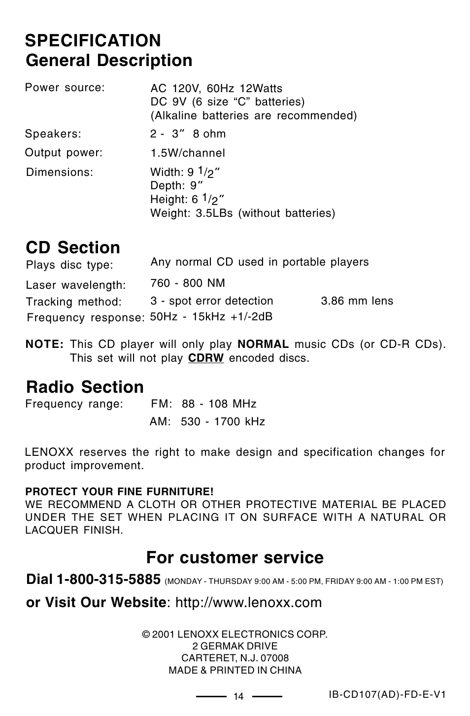 Specification general description, For customer service | Lenoxx Electronics CD-107 User Manual | Page 15 / 15