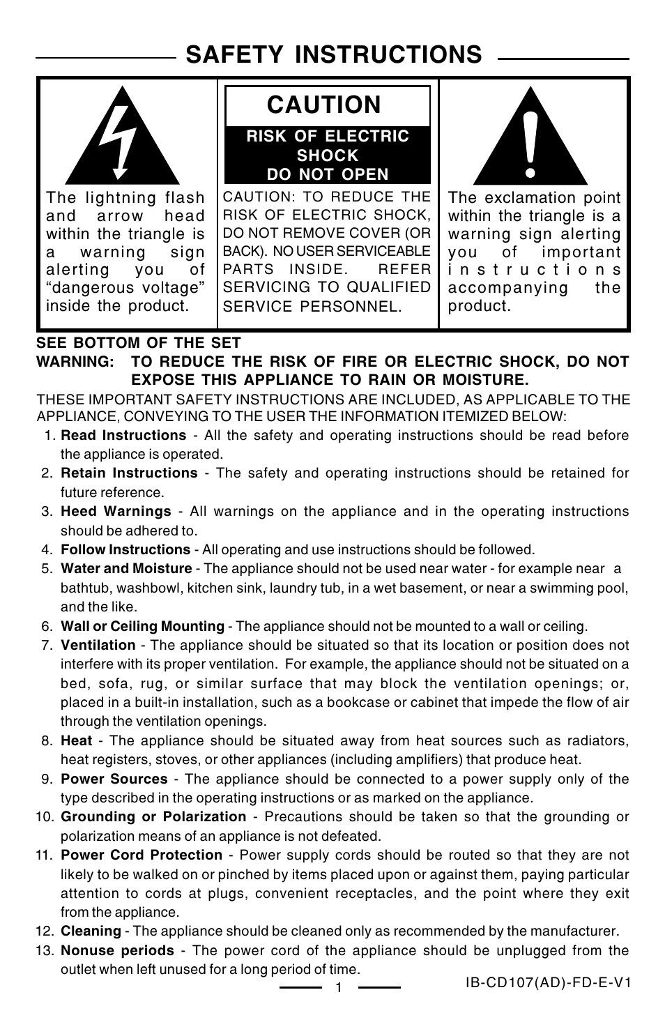 Safety instructions, Caution | Lenoxx Electronics CD-107 User Manual | Page 2 / 15