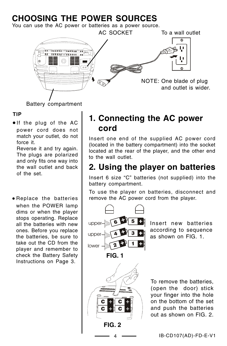 Choosing the power sources, Connecting the ac power cord, Using the player on batteries | Lenoxx Electronics CD-107 User Manual | Page 5 / 15