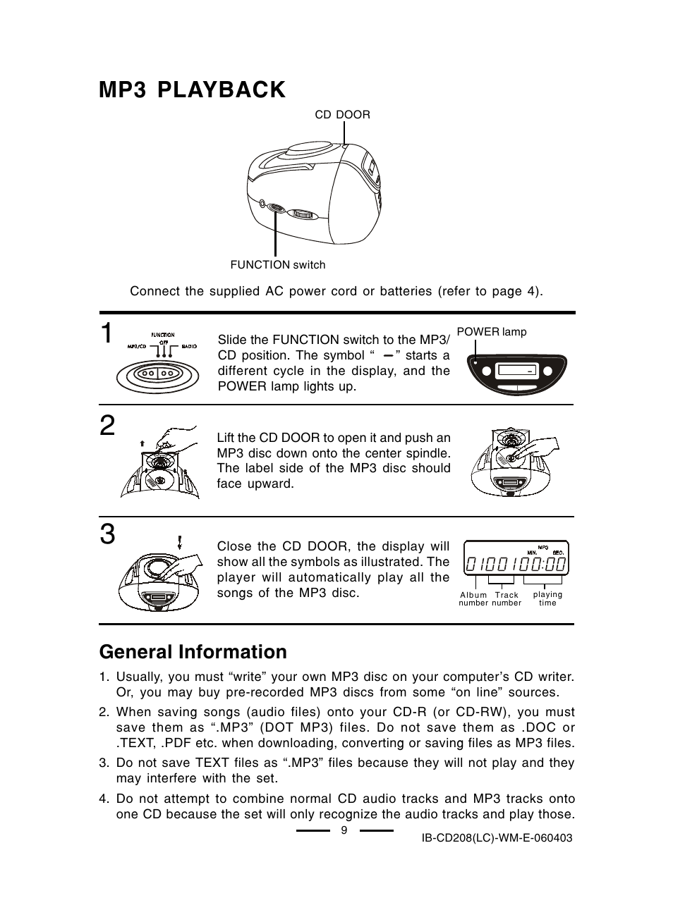 Mp3 playback, General information | Lenoxx Electronics CD-208 User Manual | Page 10 / 21