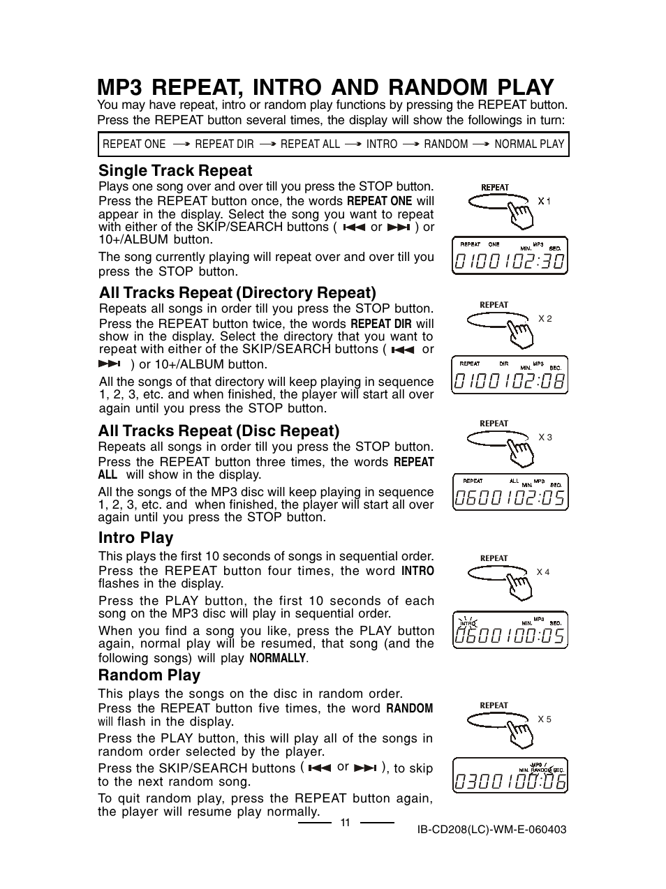 Mp3 repeat, intro and random play, All tracks repeat (disc repeat), Intro play | Single track repeat, All tracks repeat (directory repeat), Random play | Lenoxx Electronics CD-208 User Manual | Page 12 / 21
