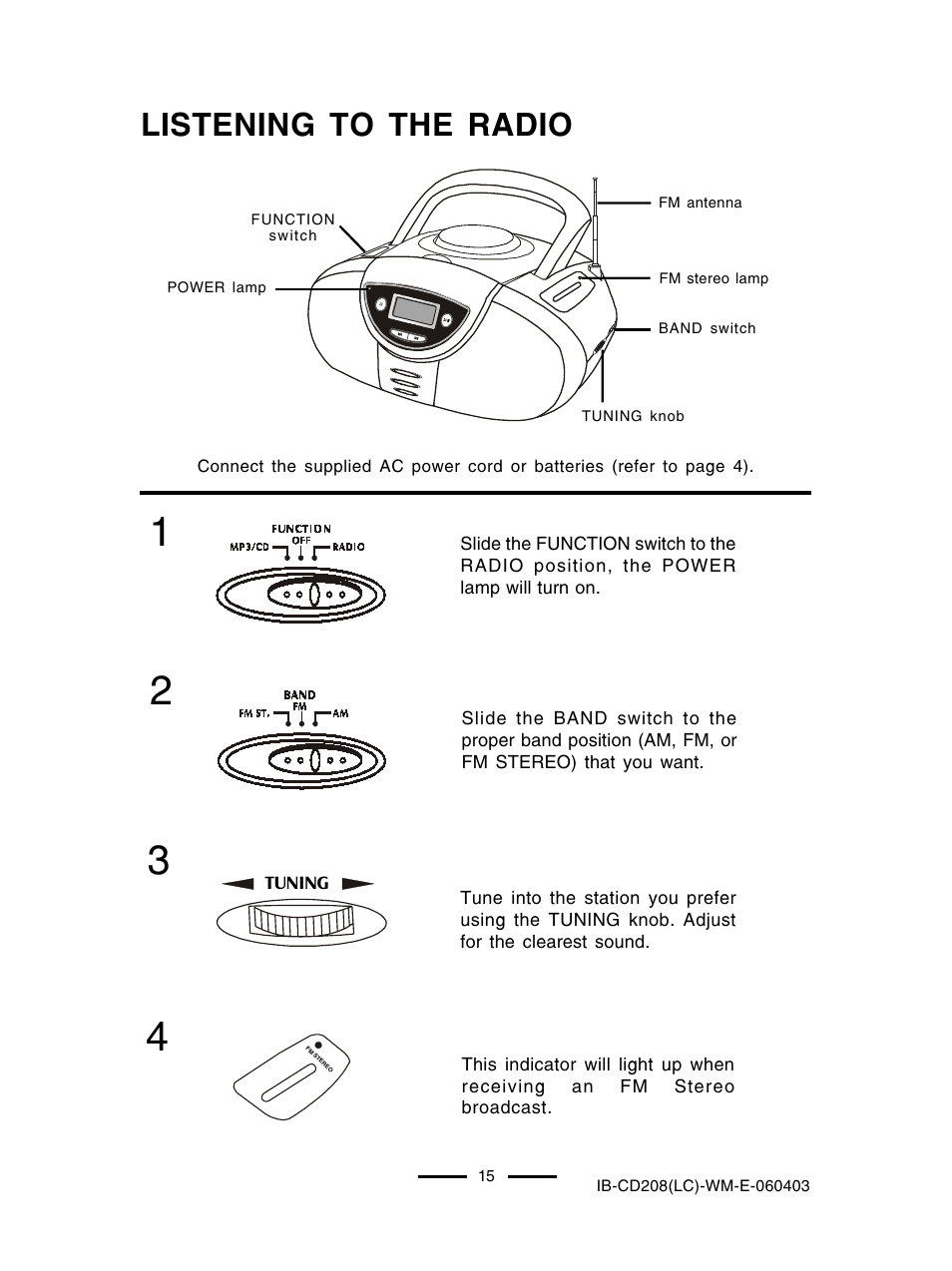 Listening to the radio | Lenoxx Electronics CD-208 User Manual | Page 16 / 21