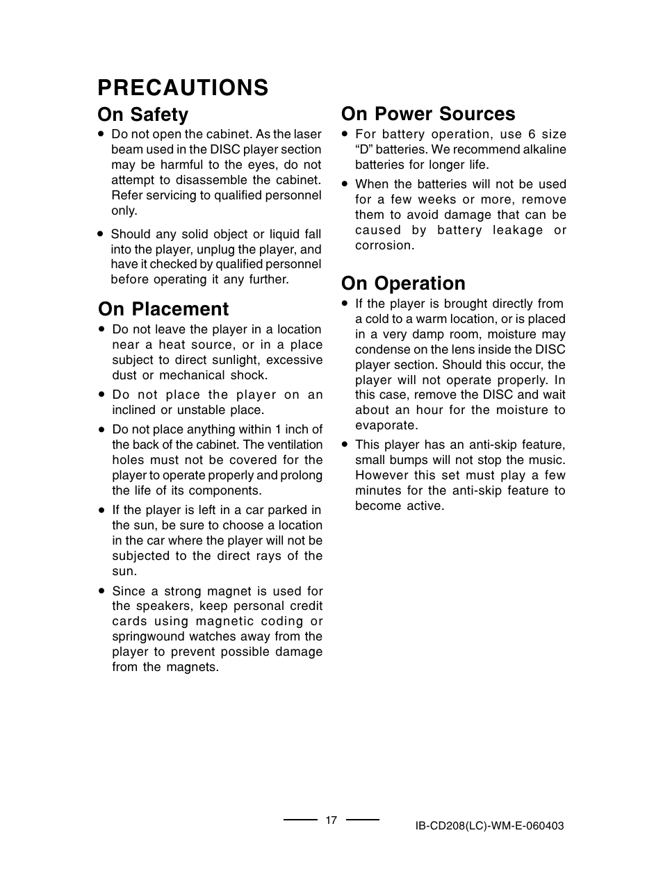 Precautions, On operation, On placement | On safety, On power sources | Lenoxx Electronics CD-208 User Manual | Page 18 / 21