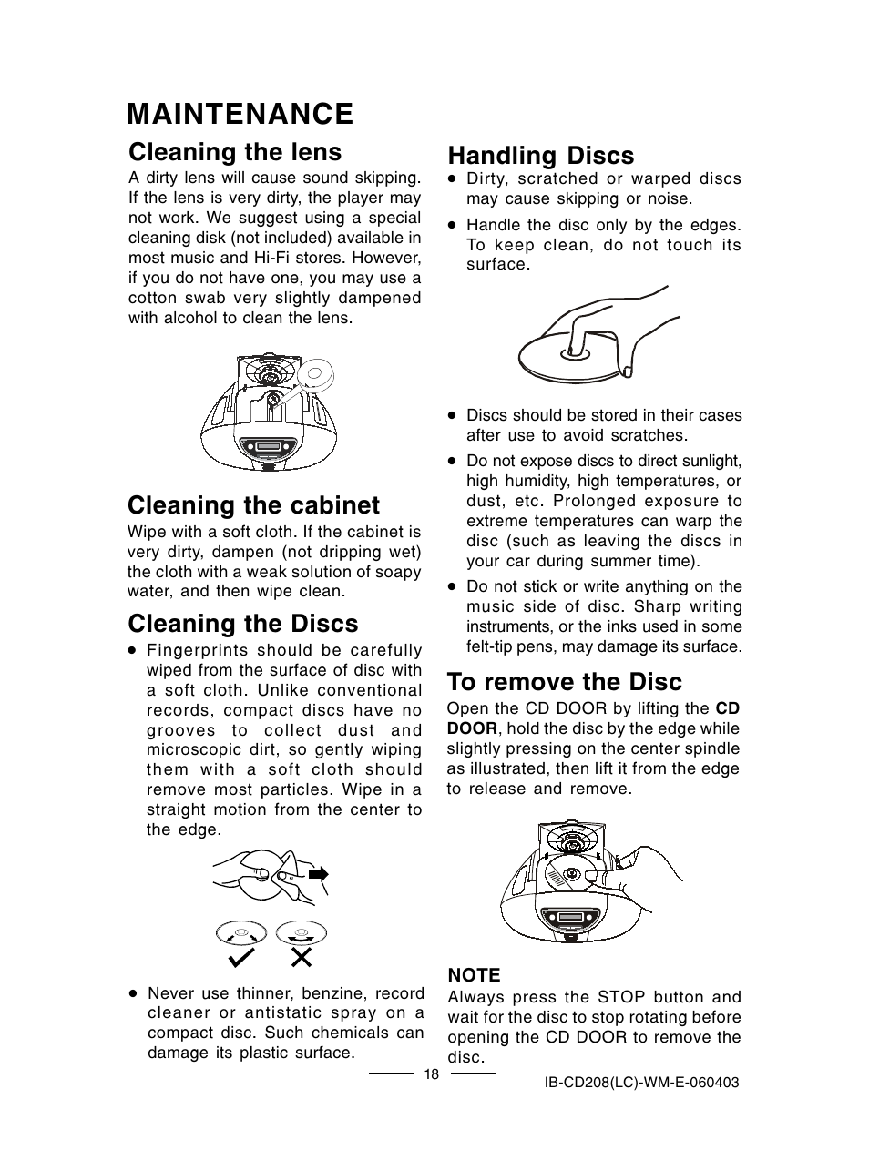 Maintenance, Cleaning the cabinet, Cleaning the lens | Cleaning the discs, Handling discs | Lenoxx Electronics CD-208 User Manual | Page 19 / 21