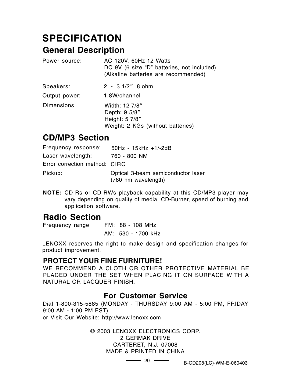 Specification, For customer service | Lenoxx Electronics CD-208 User Manual | Page 21 / 21
