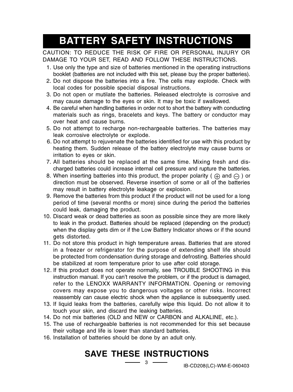 Battery safety instructions, Save these instructions | Lenoxx Electronics CD-208 User Manual | Page 4 / 21