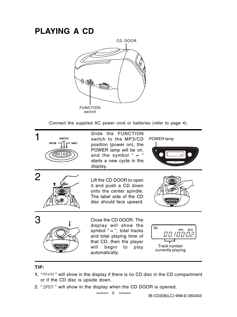 Playing a cd | Lenoxx Electronics CD-208 User Manual | Page 6 / 21