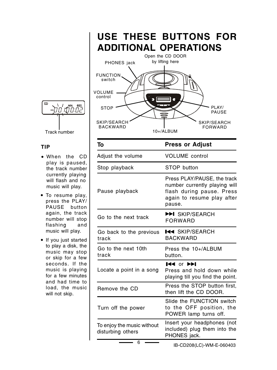 Use these buttons for additional operations | Lenoxx Electronics CD-208 User Manual | Page 7 / 21
