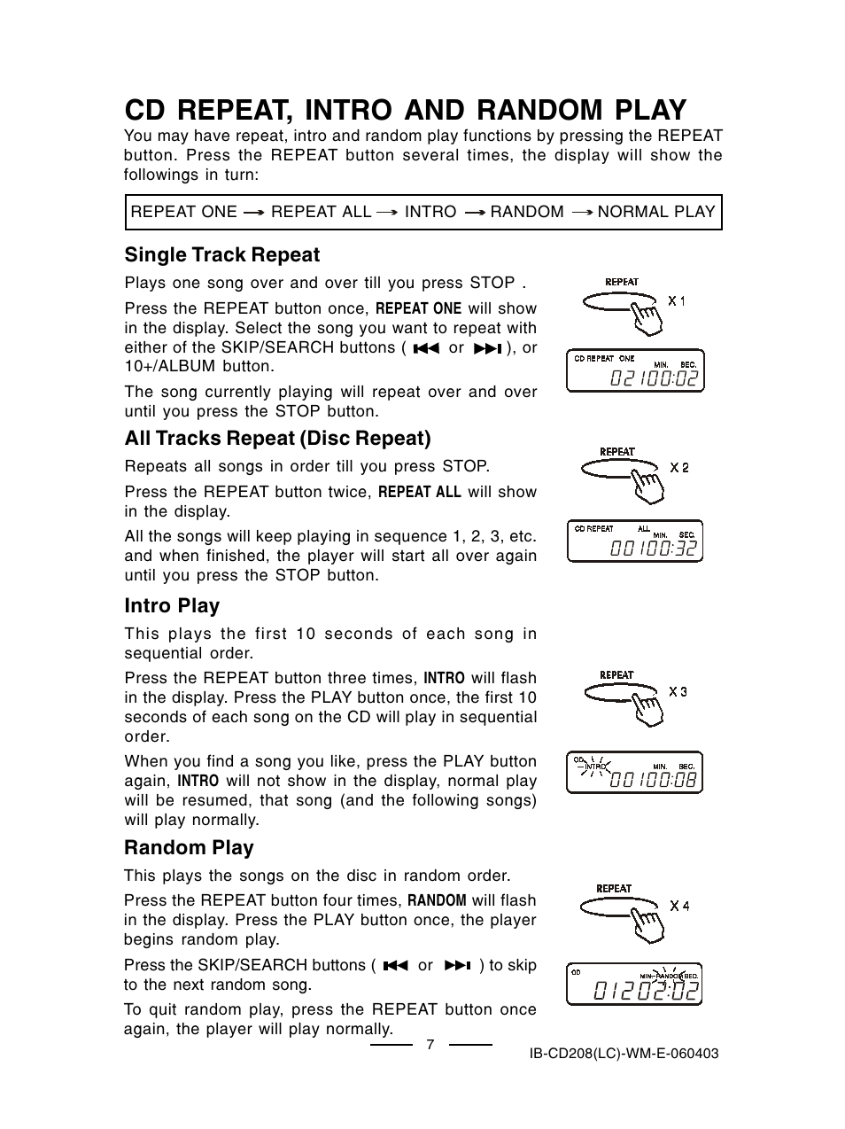 Cd repeat, intro and random play | Lenoxx Electronics CD-208 User Manual | Page 8 / 21