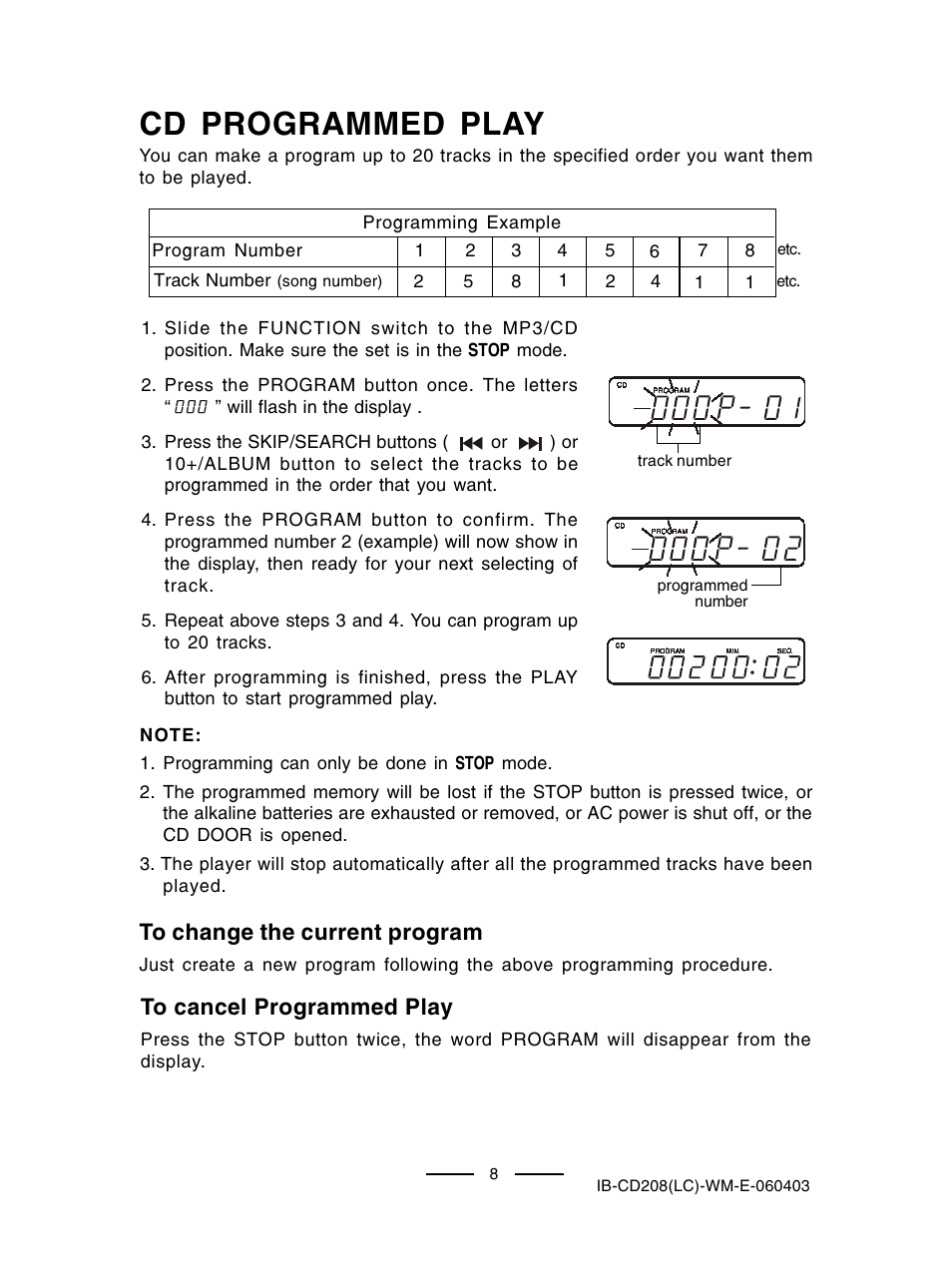 Cd programmed play | Lenoxx Electronics CD-208 User Manual | Page 9 / 21