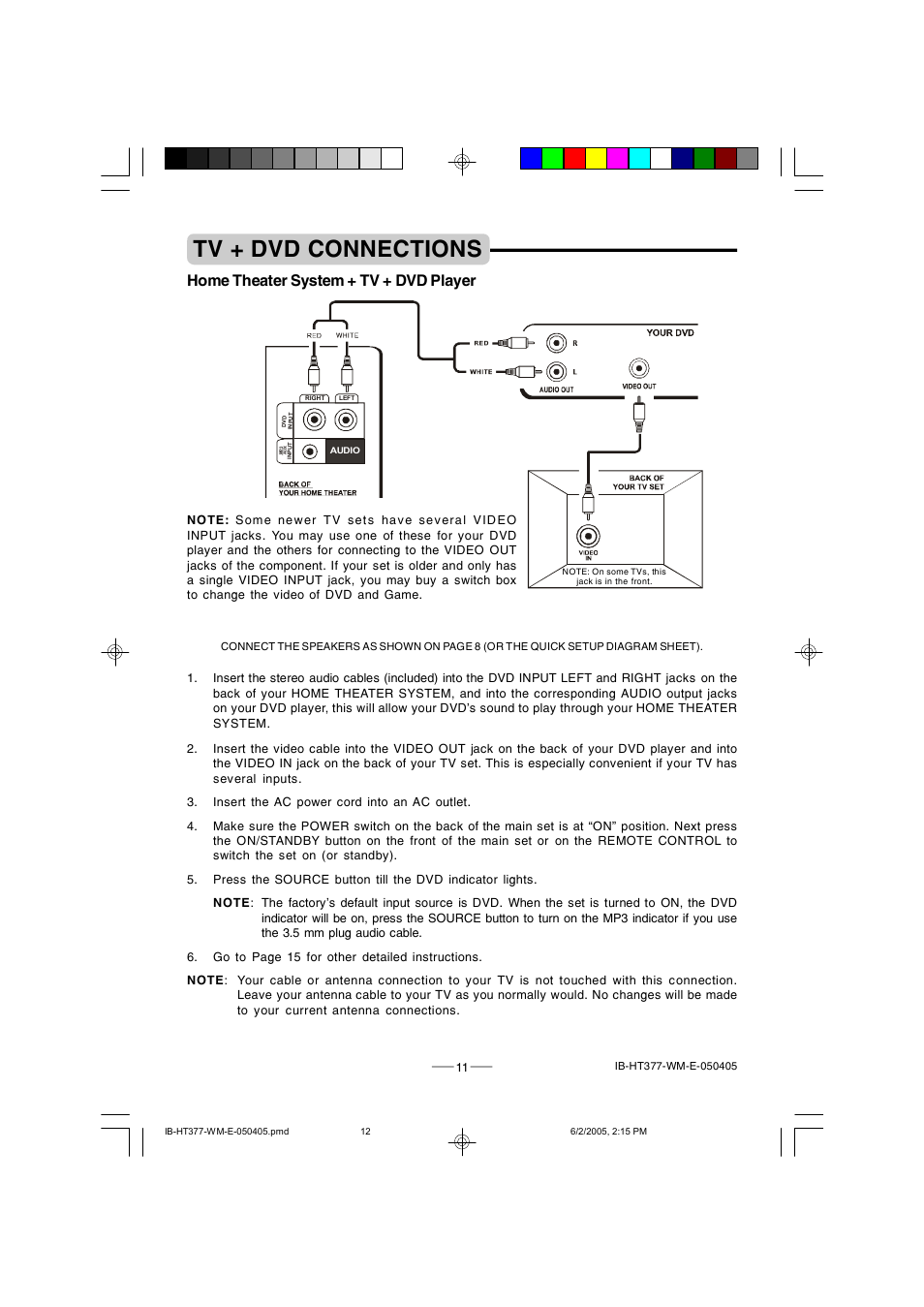Tv + dvd connections, Home theater system + tv + dvd player | Lenoxx Electronics HT-377 User Manual | Page 12 / 19